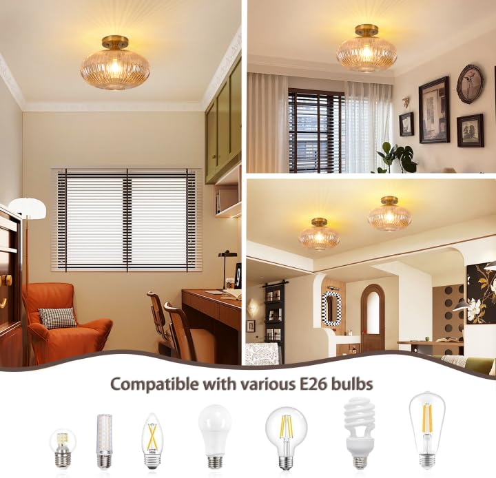 JERANDO Gold Semi Flush Mount Ceiling Lights, Vintage Globe Glass Hallway Light Fixtures, 11.8" Amber Glass Ceiling Lighting E26 Base Indoor Lamp for Closet, Hallway, Kitchen, Dining Room