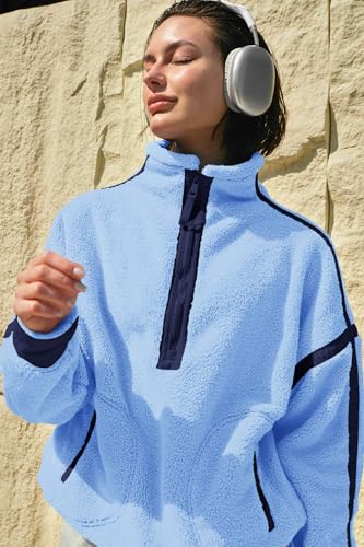 Panadila Women's Half Zip Sherpa Fleece Pullover Jacket - Peri Blue, Medium