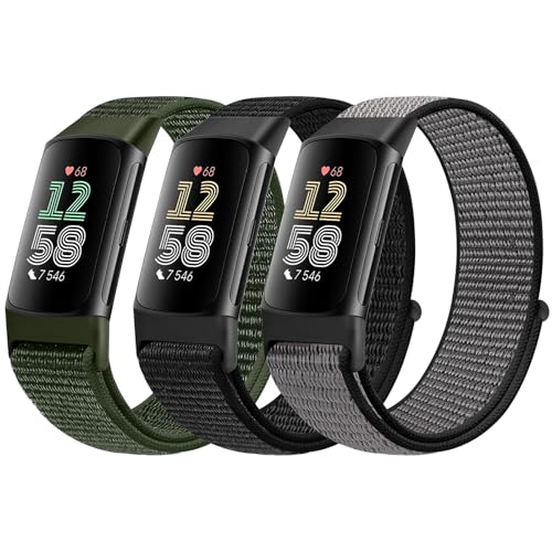 Adjustable Nylon Watch Bands for Fitbit Charge 6/5 - Dark Black, Olive Green, Iron Grey