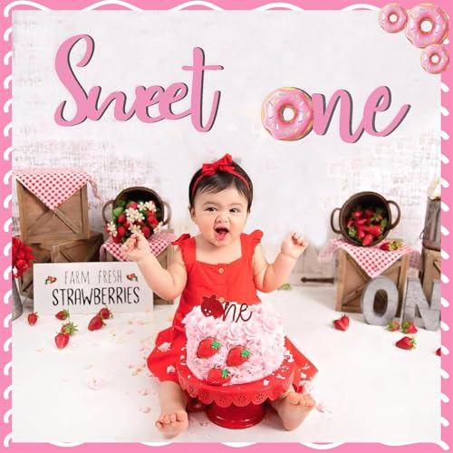 Wooden Sweet One Birthday Sign Decals for Backdrop Baby Girls First Birthday Decorations Donut Birthday Party Supplies for 1 Year Old Girl Sweet First Birthday Party Sign Banner Baby Girls Photo Props