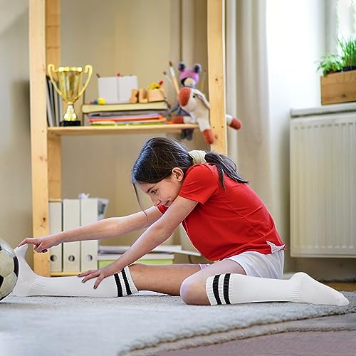 Kids Soccer Socks - 2 Pairs Knee High Striped Tube Socks - 6-12 Years - White Black & Black White