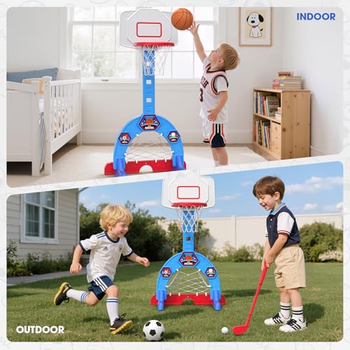 3-in-1 Kids Sports Activity Center with Basketball Hoop, Soccer Goal & Golf Game - Adjustable Height