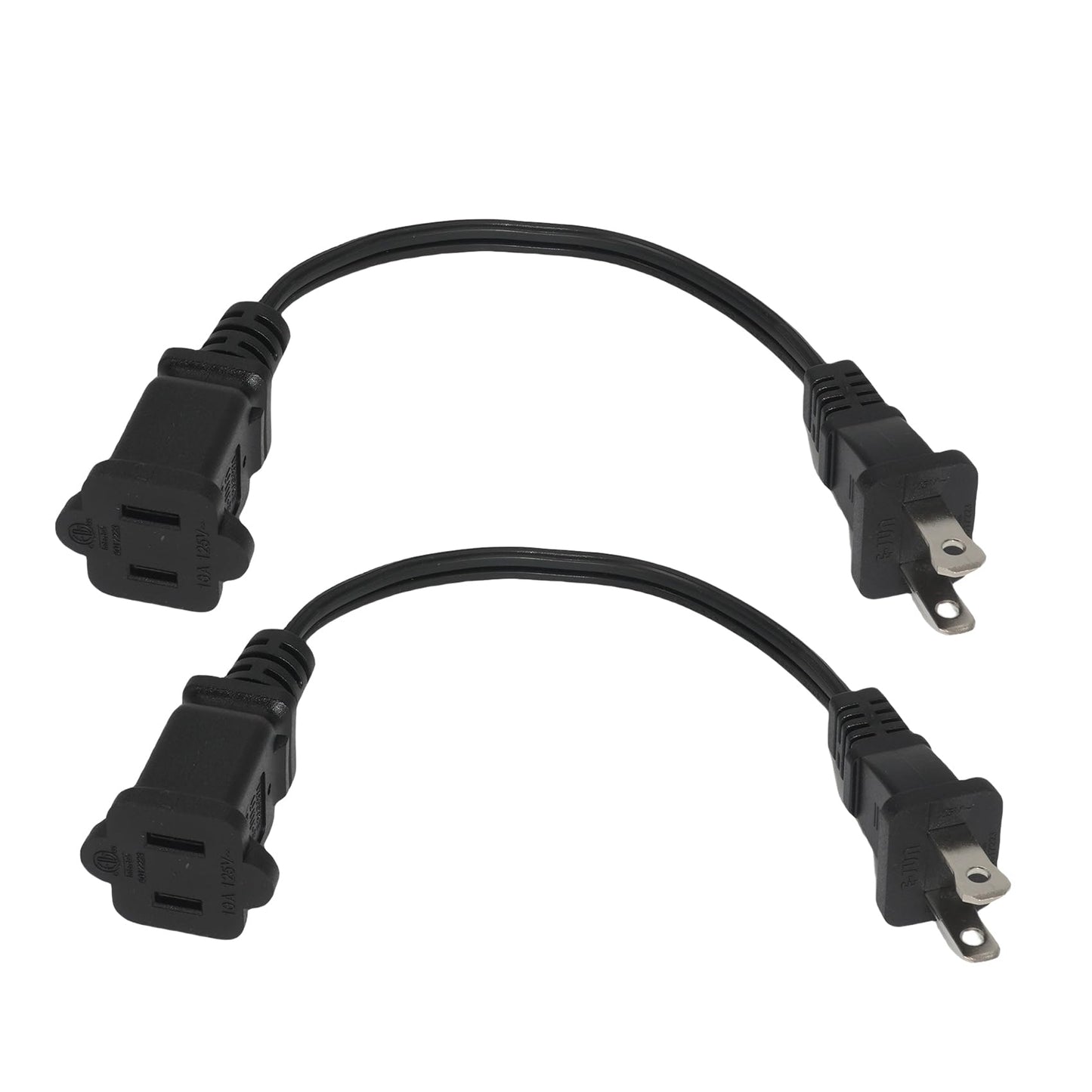 Short Extension Cord, 2 Prong 8-Inch Small Extension Cord Outlet Saver, 18AWG Power Cord Cable for Indoor, NEMA 5-15P to NEMA 5-15R, 2 Pack, Black