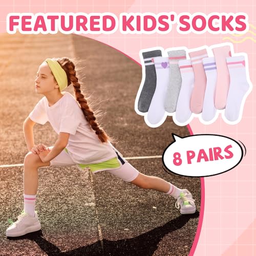Girls Mid Calf Socks - 8 Pairs Heart & Striped, 9-12 Years