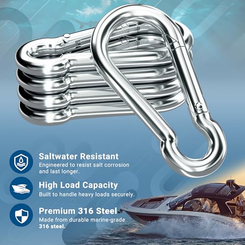 Heavy Duty 316 Stainless Steel Carabiner Clips - Set of 5, 2.36 Inch
