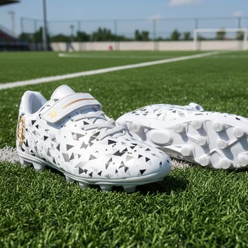 ZVC Kids Soccer Cleats Boys Girls Youth Football Shoes White 2 Little Kid