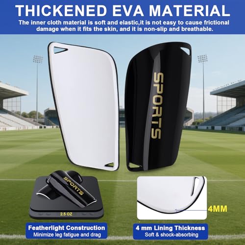 Kids Soccer Shin Guards - 2 Pairs Lightweight Protective Gear - Black+Aqua