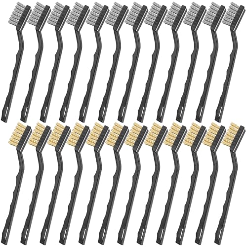 Jeffbaubl 24 Pieces Small Wire Brush, 6.7 Inch Scratch Brushes, 12 Stainless Steel Cleaning Brushes, 12 Brass Brush, Curved Handle Wire Bristle for Cleaning Welding Slag Rust Tool