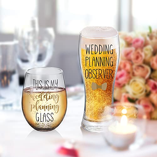 Gemwi Wedding Planning Glass Set - Engagement Gift for Couples, Includes 18oz Wine & 11.56oz Beer Glasses