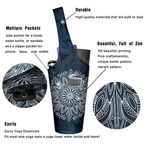 Yoga Mat Bag - Long Tote with Pockets for Mats - Mandala Black