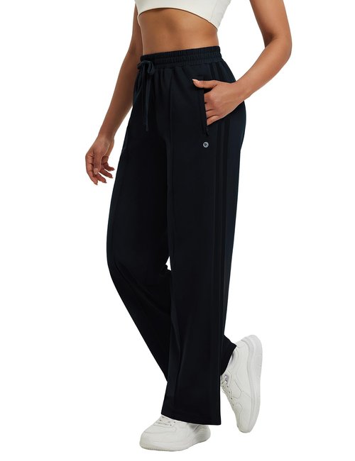 baleaf Women's Fleece Lined Pants Wide Leg Track Pants with Zipper Pockets Loose Fit Straight Leg Pull-on Pants Drawstring Black M