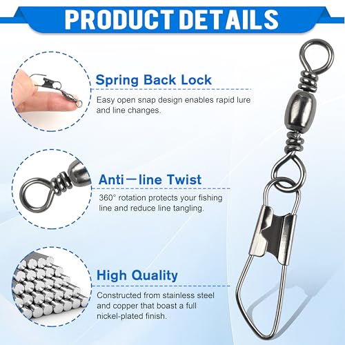 Fishing Barrel Swivels with Safety Snap - 14#-15lb, 60pcs