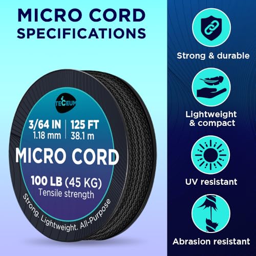 Micro Paracord Rope 1.18 mm x 125 ft - Black Braided Cord for DIY