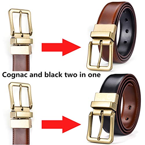 Reversible Leather Belt with Antique Gold Buckle - Black/Lt Brown 32-34