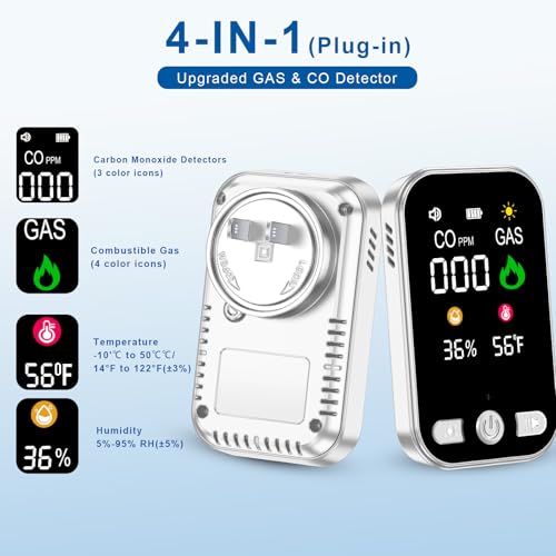 2 Pack Carbon Monoxide Detectors & Natural Gas Alarm Plug in,4-in-1 CO Detector & Combustible Gas Sensor with Battery Backup,Temperature & Humidity Display,Ideal for Home Travel