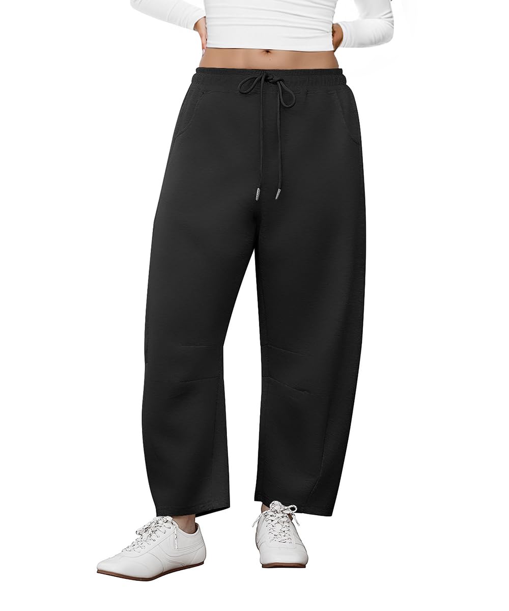 RITERA Plus Size Pants for Curvy Women Black Barrel Leg Sweatpants Womens Drawstring Wide Leg Sweat Pants Elastic Waist Joggers Athletic Pant Causal Lounge Palazzo Trousers with Pockets 2XL 18W 20W