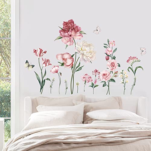 wondever Pink Peony Rose Floral Wall Stickers Garden Flower Peel and Stick Wall Art Decals for Bedroom Living Room TV Wall