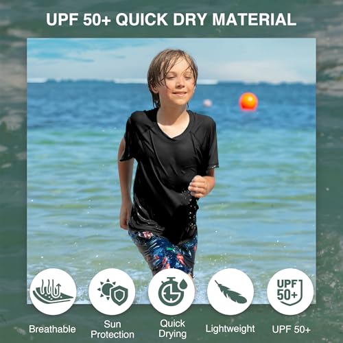 Boys' Short Sleeve UPF 50+ Rashguard Swim Shirt - Solid Black