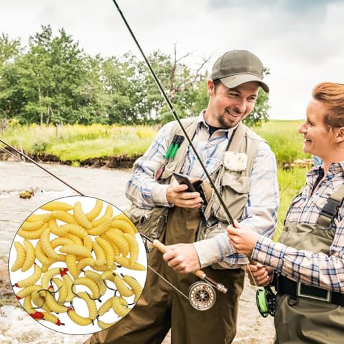 Rubber Fishing Maggots Bait Set - 20 Hooks + 30 Soft Worms