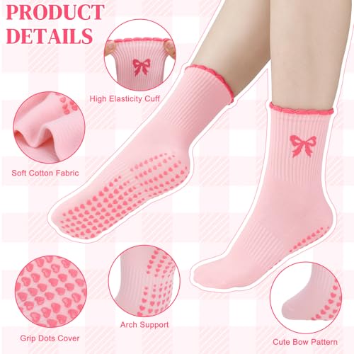 Cute Pilates Socks with Grips for Women - 4 Pairs Pink Yellow Bow