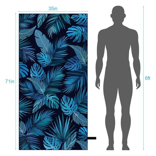 Oversized Microfiber Beach Towel - Blue Black Palm Leaf, 71"x35"
