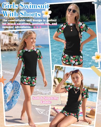 Girls Rash Guard Swimsuit 2-Piece Set Black Green 9-10 Years