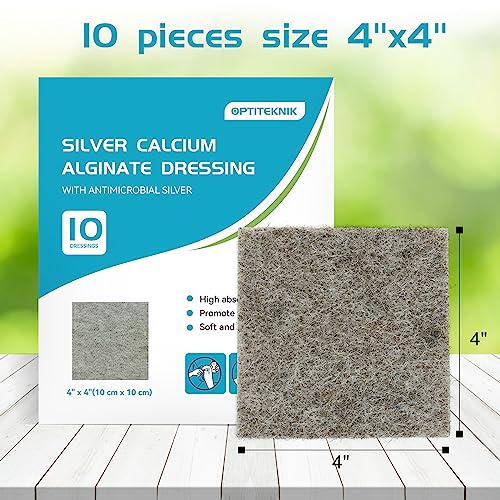 OPTITEKNIK Silver Calcium Alginate Wound Dressing Pads 4x4 Inch Pack of 10 - Absorbent, Non-Stick, Pain-Free Removal
