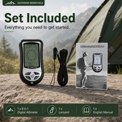 8-in-1 Altimeter, Compass & Barometer with Backlight for Hiking