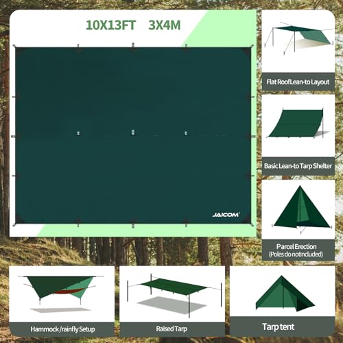 JAICOM Green Waterproof Camping Tarp 10x13ft Ultralight Rain Fly for Hammocks & Outdoor Shelter