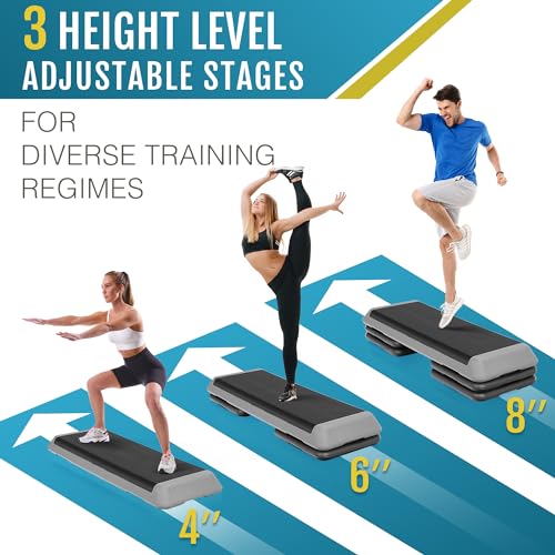 Adjustable Aerobic Step Platform - 43 Inch Black Stepper with 4 Risers