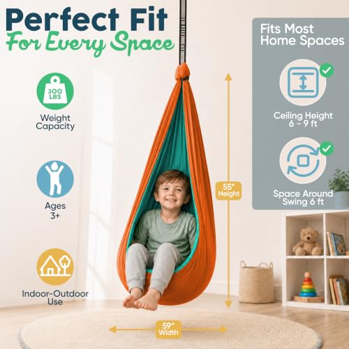 VISSE Sensory Swing for Kids Orange/Teal Indoor Outdoor Calming Cocoon Therapy Hammock