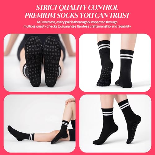 Pilates Socks with Grips for Women - 2 Pairs Crew Black