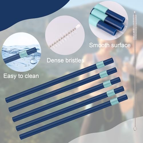 8-Pack Reusable Hard Plastic Straws with Brush - Blue