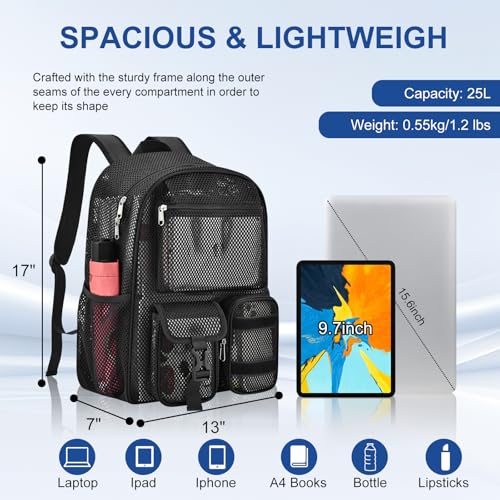 Heavy Duty Mesh Backpack for Hiking & Sports - Black 25L