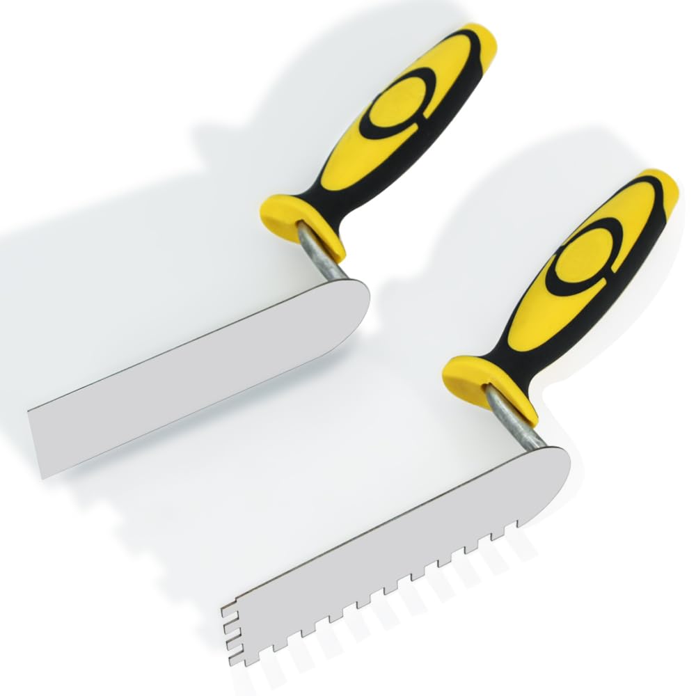 Concrete Tile Tools Set Stainless Steel Flat Plus Square-Notched Margin Trowel (Notch Size: 1/4", Overall Size 6" x 2") Stucco Cement Finishing Drywall Plastering Kit Masonry Construction Hand Tool