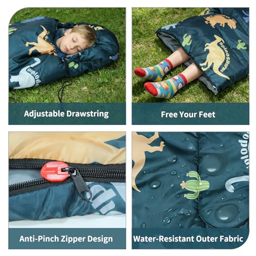 Kids Camping Sleeping Bag - Green Dinosaur, Lightweight Waterproof 3-Season for Boys & Girls