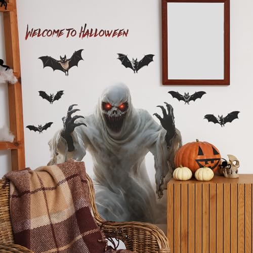 Halloween Wall Decals Scary Ghost with Red Eyes and Bats ? Spooky Horror Wall Stickers for Haunted House, Living Room, Party Decorations, Removable Halloween Decor