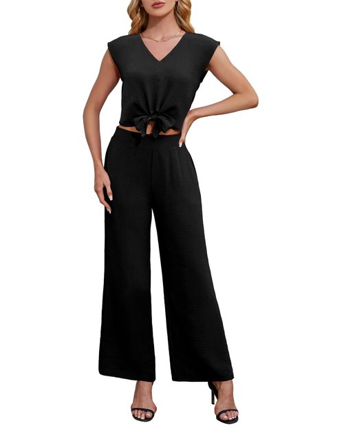 Tanou Womens Casual Summer 2 Piece Sets V Neck Cap Sleeve Strappy Top Elastic Wide Leg Pant Sets Dressy Outfits with Pockets