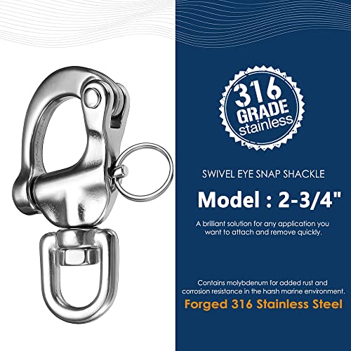 316 Stainless Steel Swivel Eye Snap Shackle - 2-3/4 Inch, 2Pcs