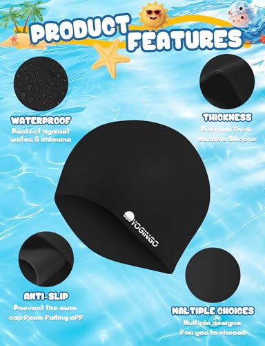 Kids Swim Cap Set - Silicone Swim Caps for Long & Short Hair - Black & Blue