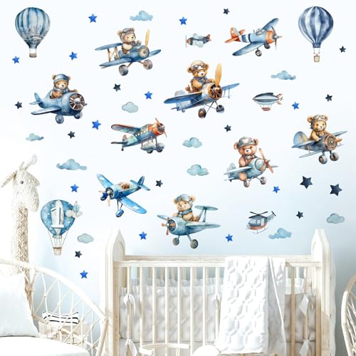 Baby Room Wall Decals Watercolor Animals Wall Stickers Decor Airplane Bear Nursery Wall Decor Bule Hot Air Balloon Wall Decals Star Cloud Bear Wall Art Murals for Kids Room Bedroom Playroom Classroom