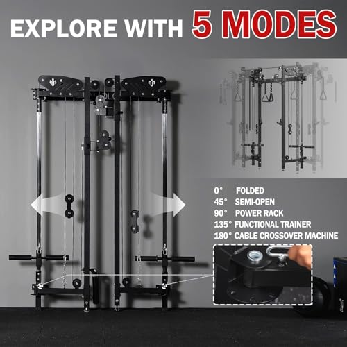 Folding Squat Rack with Cable Crossover & LAT Pull Down - Black