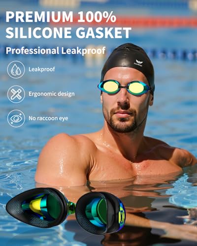 AzureWings Adult Swim Goggles and Cap Set - Anti-Fog Leakproof UV Protection