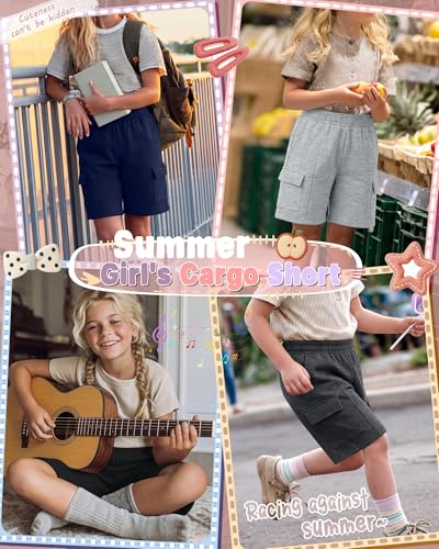 Girls Bermuda Cargo Shorts 4-Pack - Navy, Gray & Black, 13-14 Years