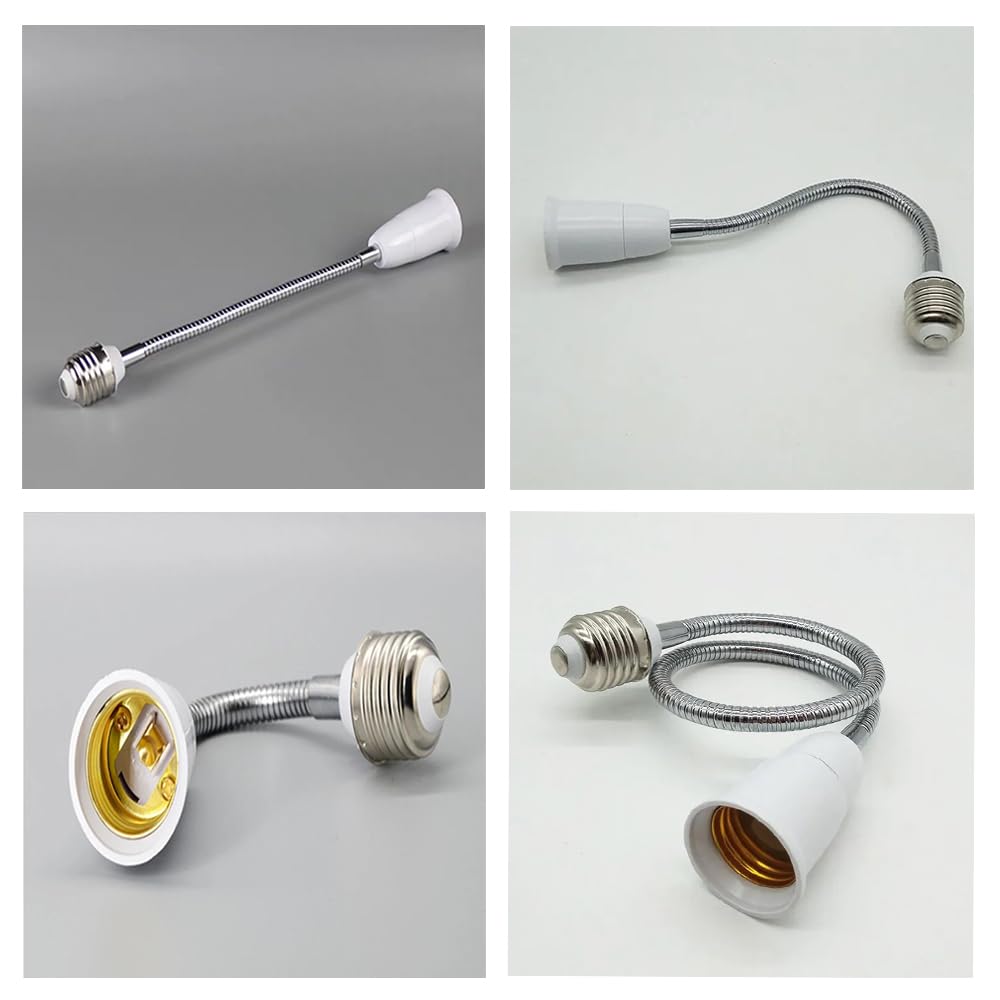 E26/E27 Light Socket Extender Adapter, 30cm/12 inch Light Bulb Extension,E26 to E26 Flexible Extension,360° Bendable Adjustable Standard E26/E27 Bulb Screw Base Extender Adapte,White (2 Pack)