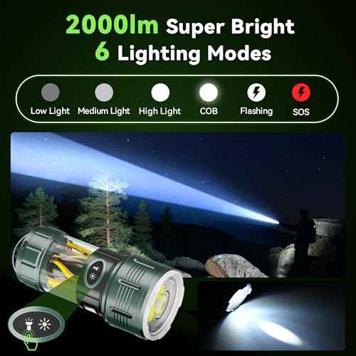 Rechargeble Flashlights High Lumens, 10 Modes 2000 Lumens Super Bright Handheld LED Flashlight, 4500mAh Waterproof Powerful Camping Flashlight for Emergency, Hiking
