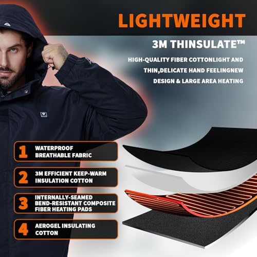 GVOR Men's Heated Jacket with 12V Battery Pack, Detachable Hood, XX-Large Black
