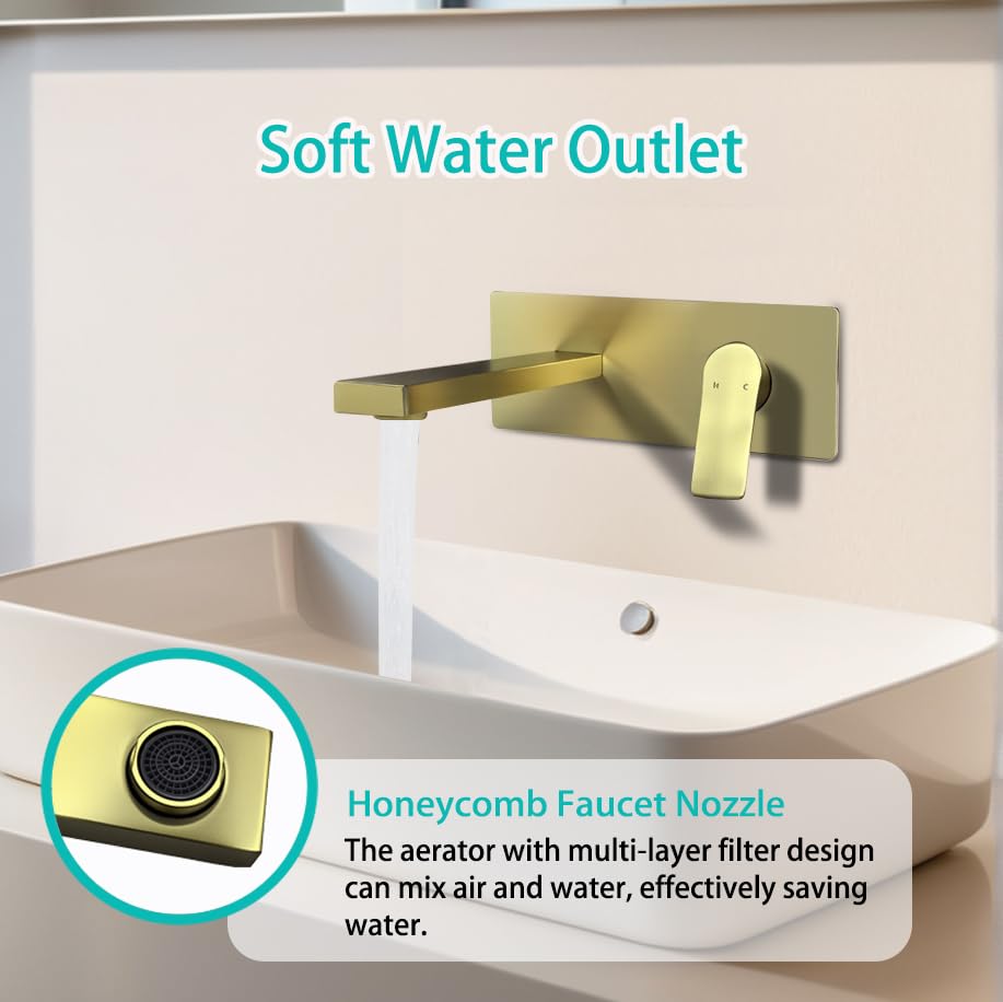 Bathroom Faucet, Wall Mount Single Handle Faucets with Rough-in Valve, Adjustable Water Temperature Brass Bathroom Faucet (Brushed Golden)