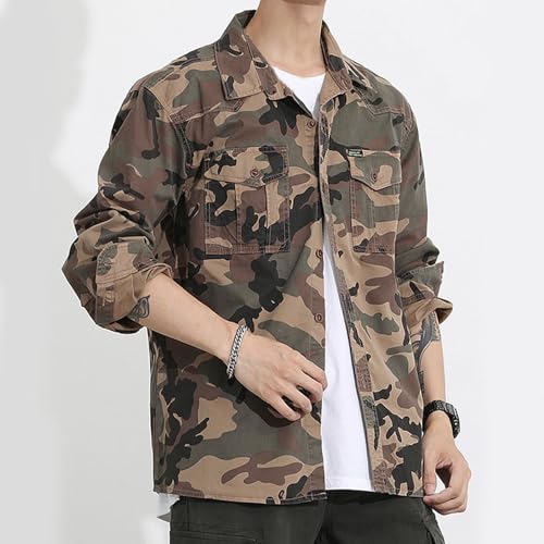 Men's Camo Shirt Jacket - Long Sleeve Button Down - Khaki, X-Large
