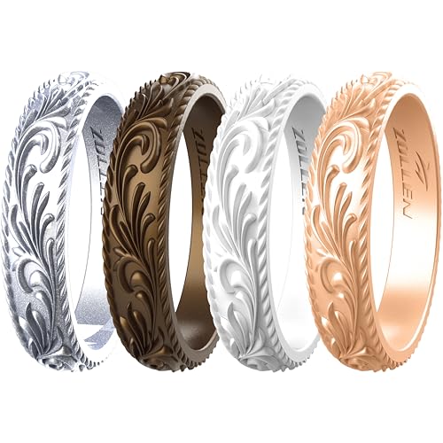 Silicone Wedding Rings for Women - 4 Pack Metallic Stackable Bands - Pearl, Champagne Gold, Silver, Bronze